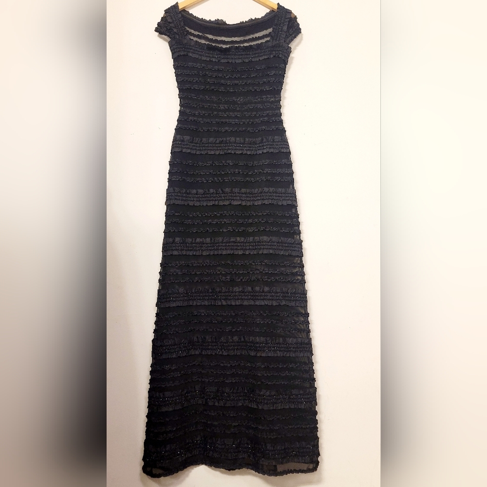 Tadashi Shoji Sheer‎ Mesh Ruffle Formal Evening Gown Black Maxi Dress Whimsigoth